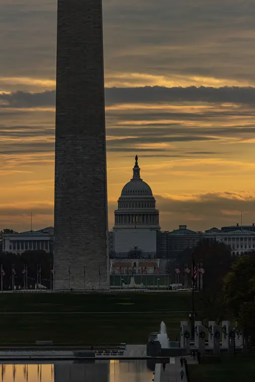 Washington Monument and U.S. Capitol at sunset in Washington, DC
